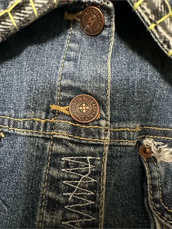 Blue Asphalt Vintage Denim Jacket Large Embroidered Flower Plaid Trim Y2K Cut - Image 9