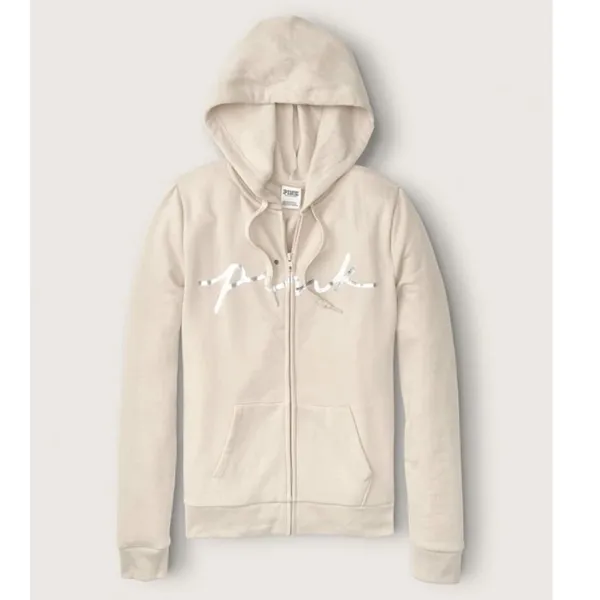 Victoria's Secret PINK Women's Sz XL Classic Full Zip Hoodie Vanilla Bean Silver - Image 3