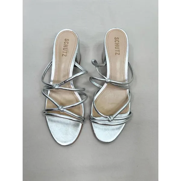 Schutz Silver Strappy Design Block Heel Open Toe Sandal Leather Womens Size 8.5B - Image 2