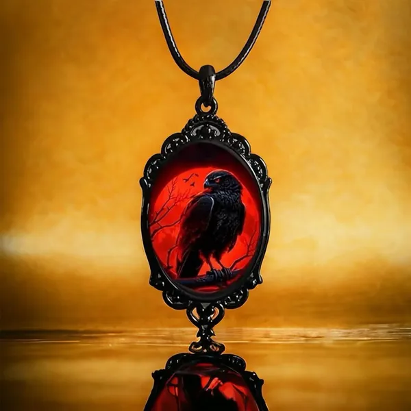 Gothic‎ Crow Red Moon Cameo Style Black Necklace Pendent - Image 3