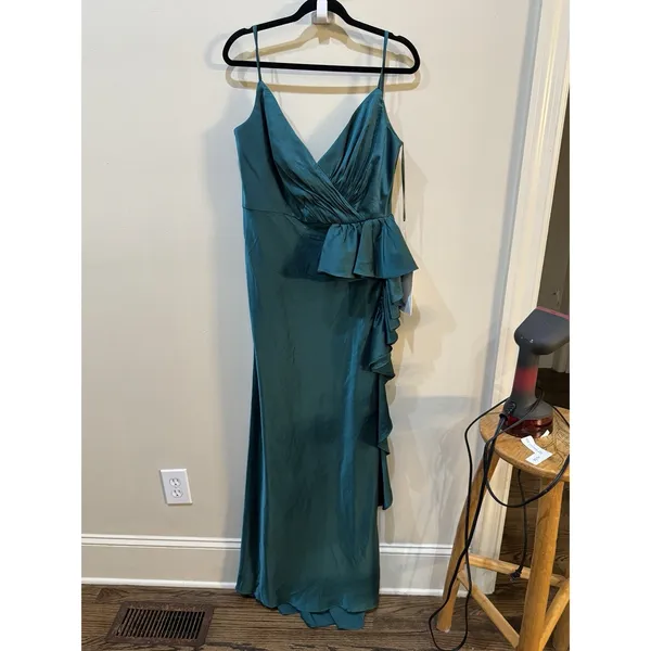 MAC DUGGAL FRG Green Satin Ruffled Asymmetrical Gown #67815 Size 12 - Image 3
