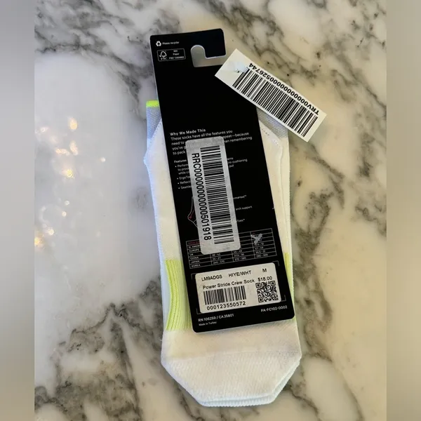 NWT Lululemon Power Stride Crew Sock White Neon Yellow Size M - Image 2