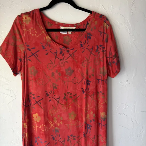 Norm Thompson Dress Vintage 90s Small Red Floral 100% Rayon Short Sleeve Maxi‎ - Image 2