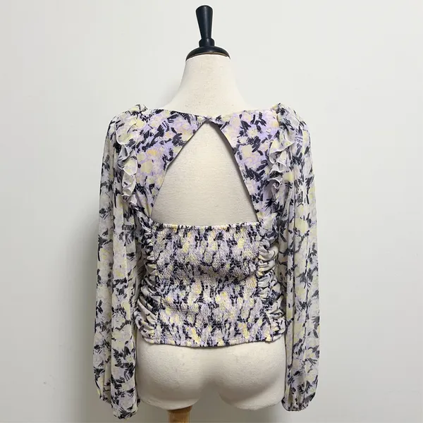 Free People Mabel Lilac Combo Purple Yellow Floral Sheer Puff Sleeve Top Large - Image 5
