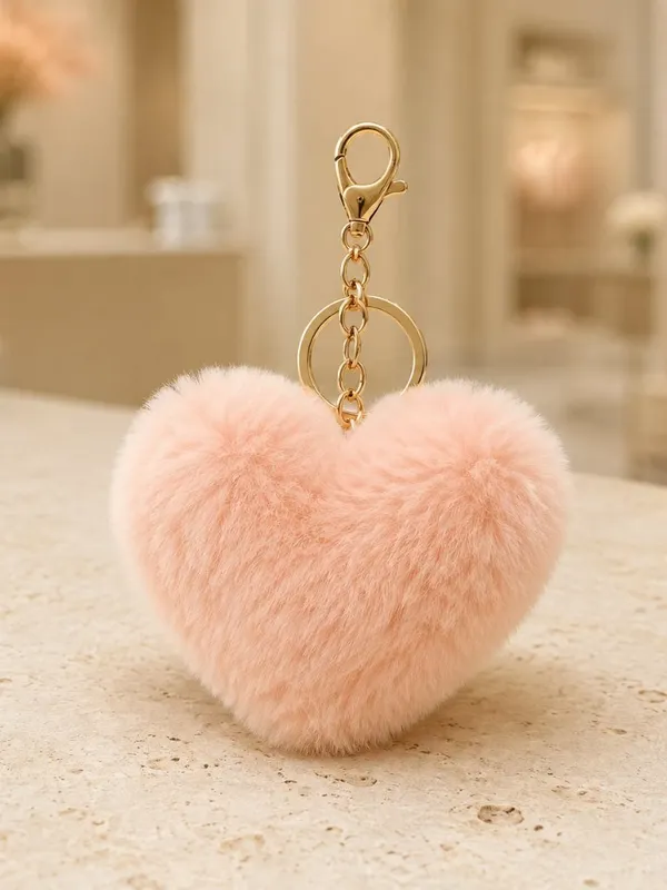 Pink Faux Fur Heart Keychain Bag Charm Blush Gold Clip 3.5" NWT - Image 3