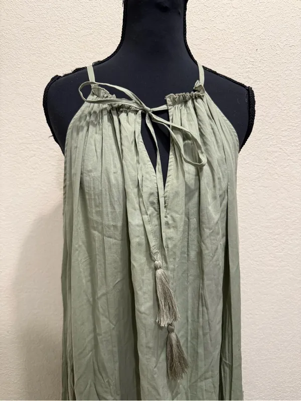 Zara Tiered Maxi Dress Halter Tassel Open Back Boho Resort Vacation XS Sage - Image 3