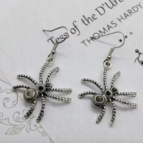 Gothic Spider Silver Tone Dangle‎ Earrings Drop Halloween Witch Spooky Scary - Image 3