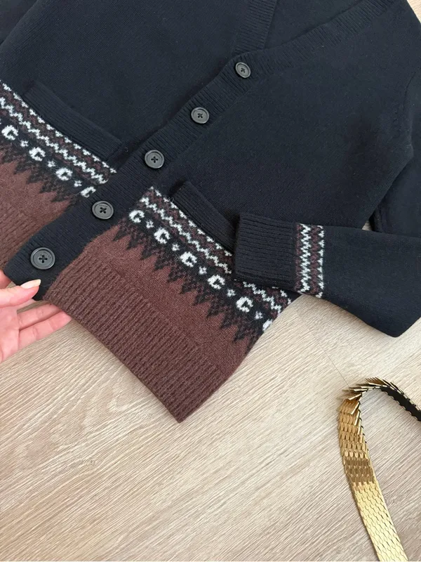 Coach Oversized Fair Isle Wool Alpaca Cardigan Black Brown Signature C - Image 5