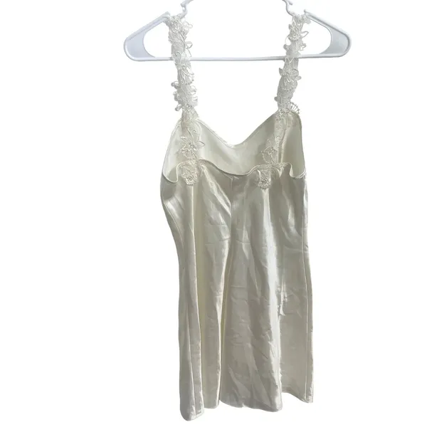 Vintage 90s Ivory Satin Bridal Peignoir Set Robe & Slip Floral Lace Pearl S - Image 6