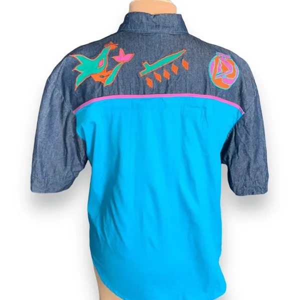Vintage 90s Southwestern Appliqué Denim Button‎ Up Shirt Gaucho Pants Set Medium - Image 4