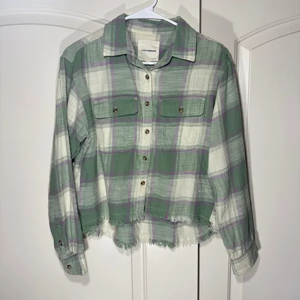 Lucky Brand Women's XS Cotton Raw Edge Plaid‎ Cropped Button Down Top Flannel - Image 2