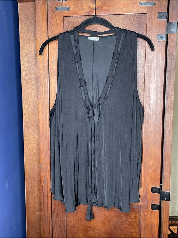 Free People Lace Up Sleeveless Boho Whimsygoth Luxury Swing Tank Top Black Large - Image 2