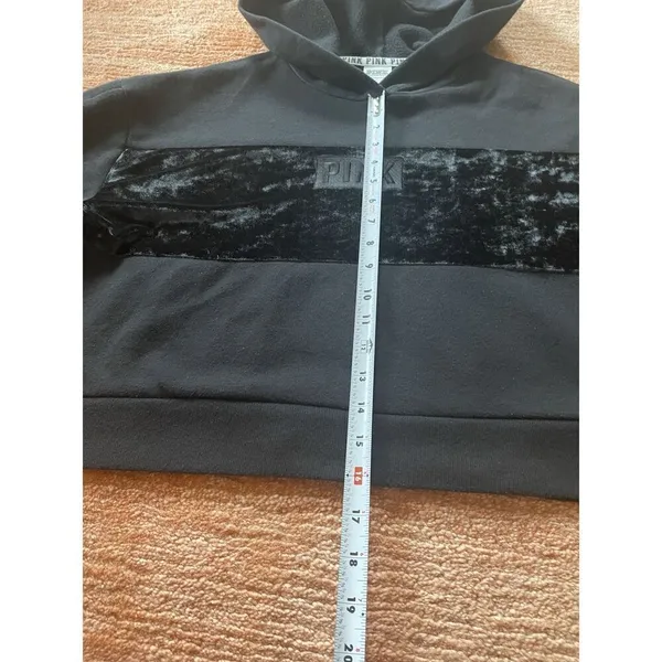 Victoria'S Secret Pink Cropped Hoodie Velvet Logo Long Sleeve Black Sz S - Image 3