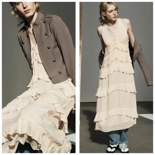 Zara Chiffon Ruffled Cream Midi Dress 4772/314 NWT Size Small Boho Romantic - Image 9