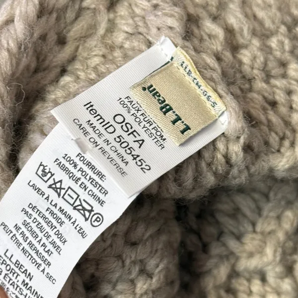 L.L.Bean Cable Knit Pom Beanie Hat One Size Unisex Adult Taupe Faux Fur 505452 - Image 2