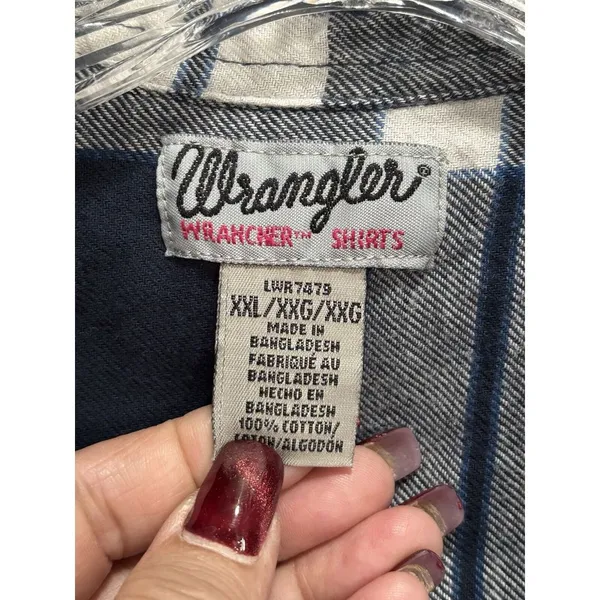 Wrangler Wrancher Blue/White Plaid Flannel Button Up Long‎ Sleeve Shirt Size XXL - Image 2