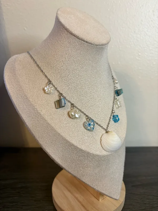 Handmade Silver Blue/Pearl Beachy Charm Necklace - Image 2