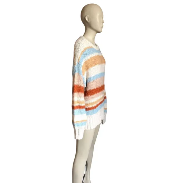 American Eagle Tan, White and Blue Striped Sweater - Image 3