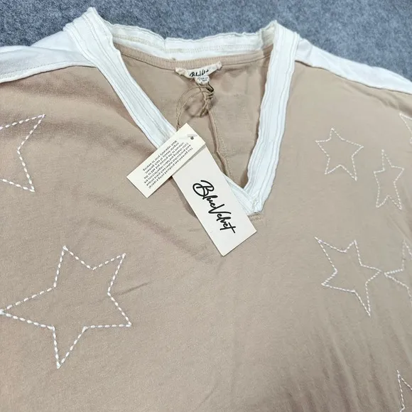 Blue Velvet Tan Star Embroidered V-Neck‎ Cotton Top Two-Tone Boho NEW Oversized - Image 3