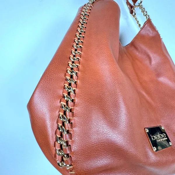 Bebe Colette Triple Entry Hobo Cognac Brown Shoulder Bag Chain Whlpstitch Slouch - Image 2