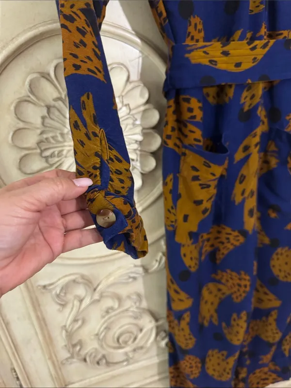 Farm Rio Banana Blue & Brown Printed Jumpsuit with Tie Waist Size Small - Image 14