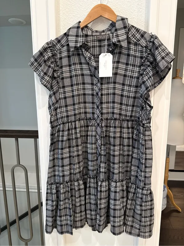 Dress Forum Plaid Tiered Babydoll Mini Dress Ruffle Trim Cottage Grunge - Image 3