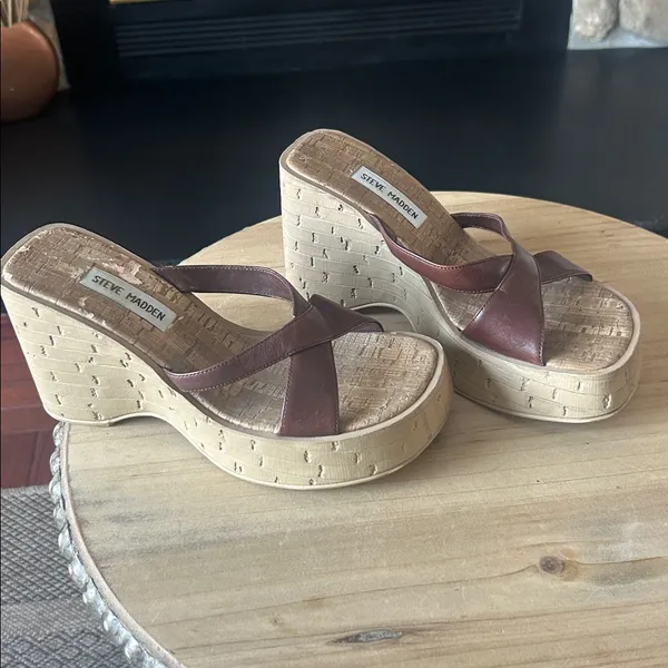 Steve Madden Colins Brown Leather Wooden Platform Wedge Sandals Size 7.5 - Image 3