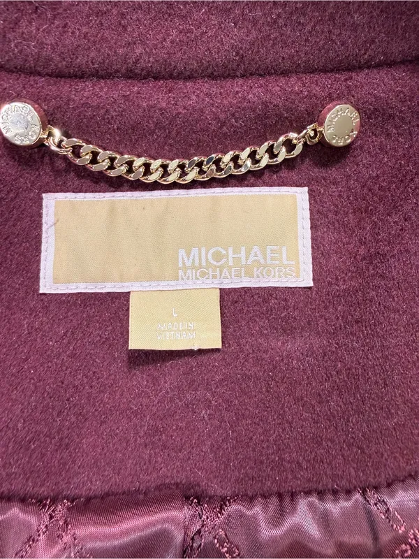 Michael Kors Wool Blend Wine Red Single-Breasted Wool Peacoat with Gold Buttons - Image 6