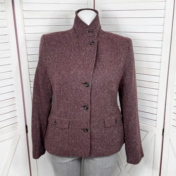 Vintage L.L. Bean Tweed‎ Blazer Large Burgundy Herringbone Wool Silk Blend Maroo - Image 10