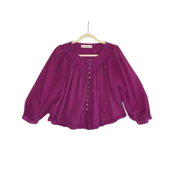 FREE PEOPLE Flowy Pintuck Blouse Sz XS Purple Boho Coastal Breezy Festival Beach - Image 4