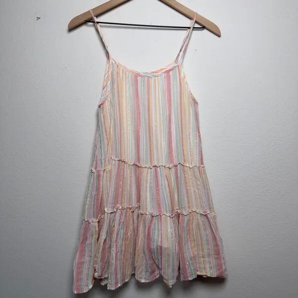 Anthropologie dRA Women Cotton Mini Dress Striped‎ Metallic Tiered Babydoll Boho - Image 2