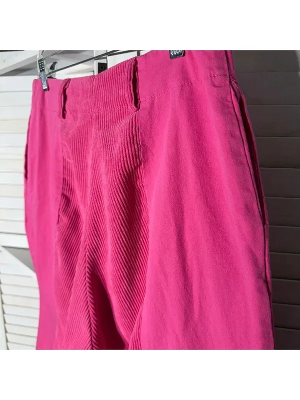 Vintage 90s hot pink pants cotton wide legs high waist 2 pockets sz M - Image 9