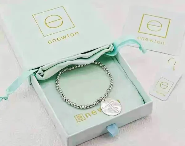 Enewton Silver Beaded Stretch Bracelet Hammered Cross Disc Charm with Brand Pouch & Hang Tag - Image 2