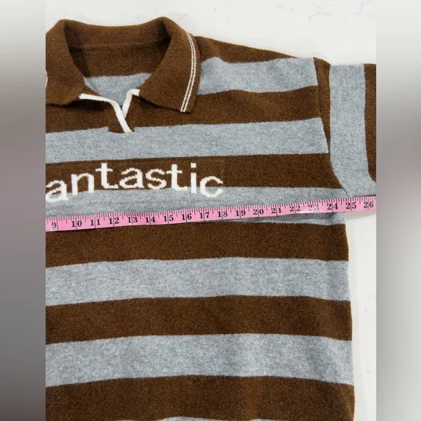Fantastic Striped V-Neck Polo Sweater in Brown and Gray - Image 7
