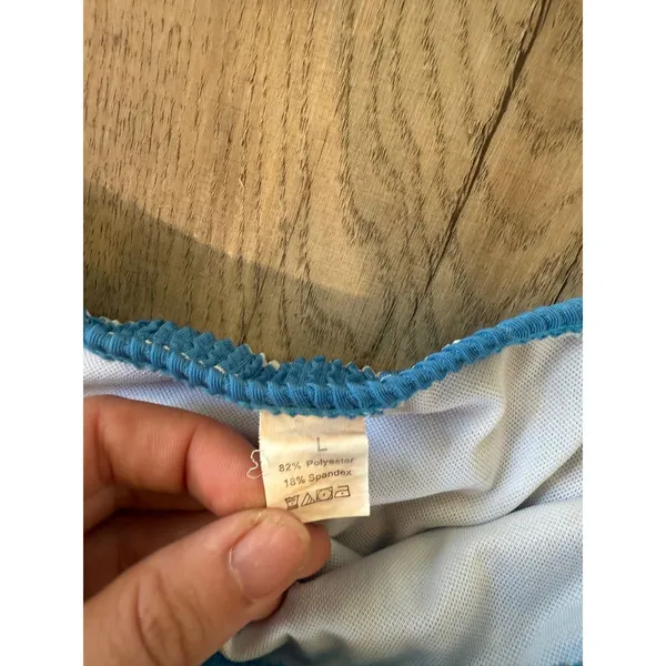 Blue White Striped Crinkle Smocked Bikini Set Tortoise Buckle Bandeau Top L‎ - Image 2