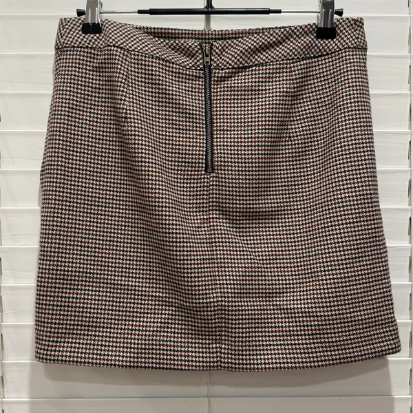 Free People Womens 2 Small Mini Skirt‎ Ruched Plaid Houndstooth Brown Academia - Image 5