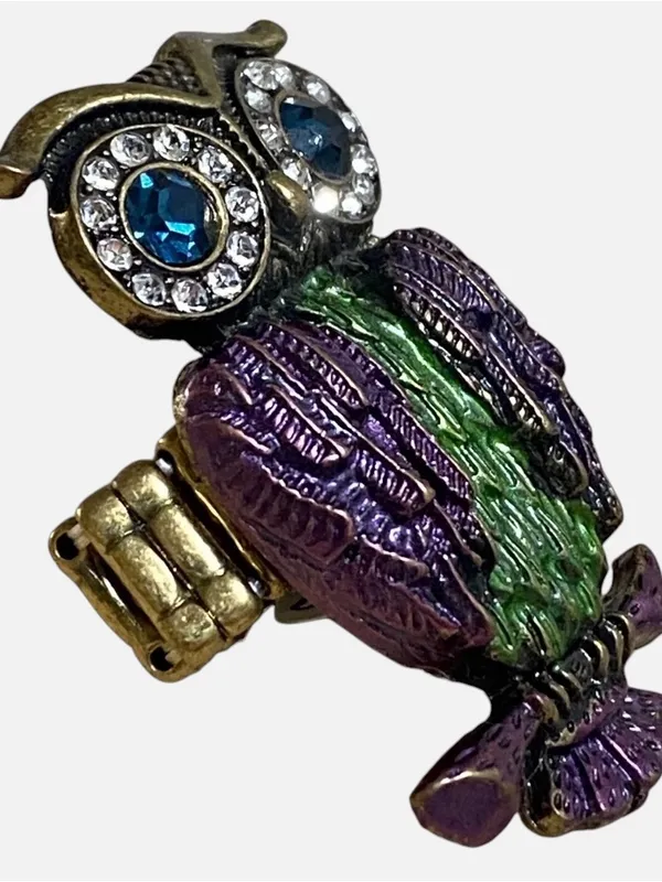 Boho Owl Ring Purple Green Rhinestone Enamel Stretch Adjustable Bronze Tone - Image 2