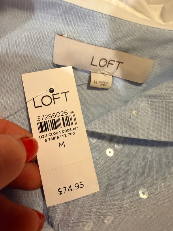 NWT LOFT Light Blue Sequin Button-Up Blouse with White Accents - Image 3