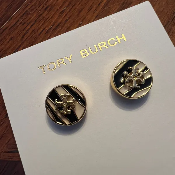 Tory Burch Gold Kira Studs Zebra Black and White Earrings - Image 2