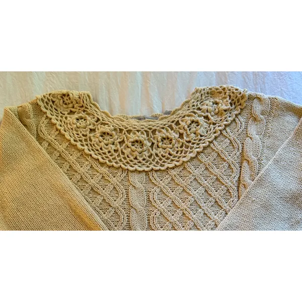 Vintage B.Moss Sweater Womens Size S Yellow Ramie Cotton Crochet Hem & Collar - Image 3
