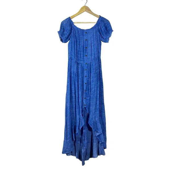 NWT Esley Off Shoulder Textured Maxi Dress Blue Boho Cottagecore Ruffle Size L - Image 2