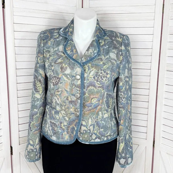 Vintage Talbots Blazer Women XL Blue Floral‎ Brocade Velvet Trim Jacket Boho - Image 2