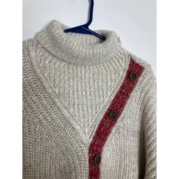POL Turtleneck Cardigan Sweater Womens L Oatmeal Red Excellent Asymmetrical Knit - Image 3