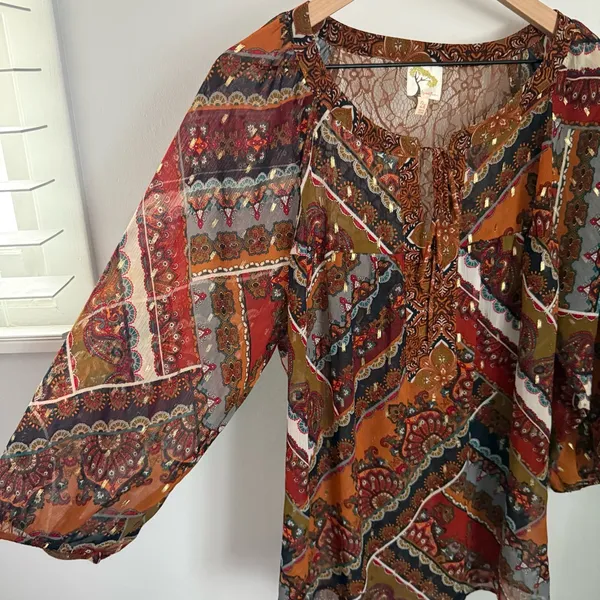 Fig & Flower 2X Tie Front Blouse Paisley Peasant Gypsy Boho Puff Sleeve Relaxed - Image 3