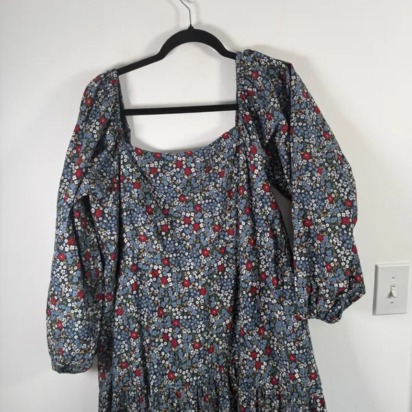 Summersalt Floral Smocked Puff Sleeve Cotton‎ Midi Dress Blue Red 2XL Plus Size - Image 3