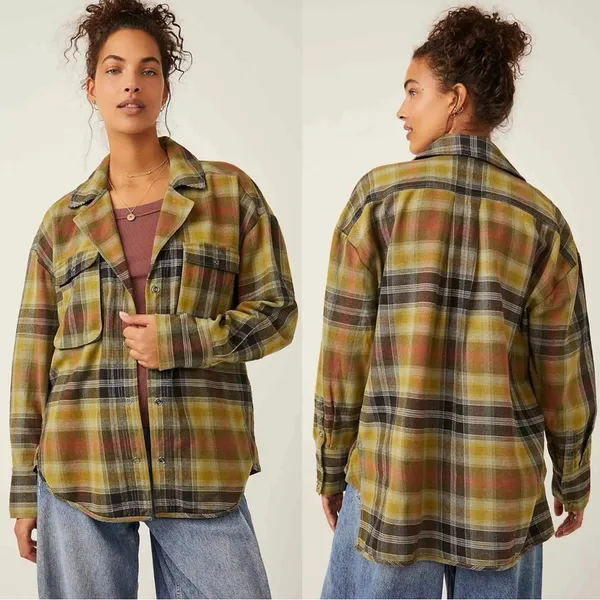 Free People Grunge 90s Flannel Plaid Izzie Cargo Shirt Jacket Shacket Medium - Image 9