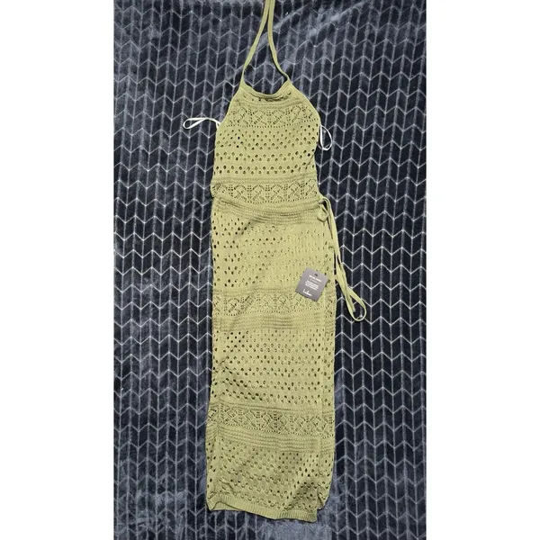 Lulus Green Crochet Knit Tie Halter Neck Wrap Midi Dress Sleeveless Small NWT - Image 2