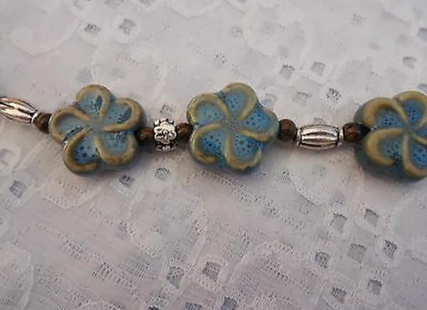 Handmade NEW! Earthy Beaded Toggle Bracelet W Ceramic Flower Beads 7.25” - Image 5