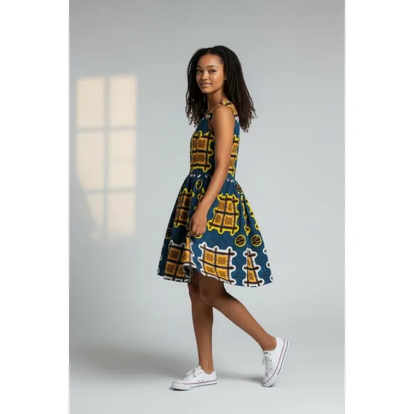African Wax Print Fit and Flare Dress Blue Yellow Geometric Square Neck - Image 2