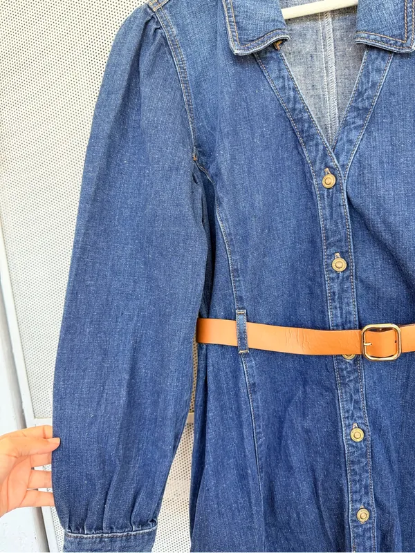 Zara Dark wester Blue Denim Midi Shirt Dress with Brown Belt - Image 7